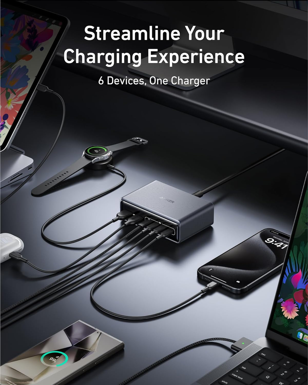 Anker Prime Charger (200W, 6 Ports, GaN)+ Anker Prime USB-C to USB-C Cable (240W, Upcycled-Braided)