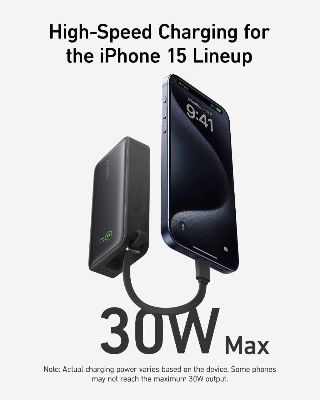 Anker Nano Power Bank, 10,000mAh with Built-In USB-C Cable, 30W Fast Charging
