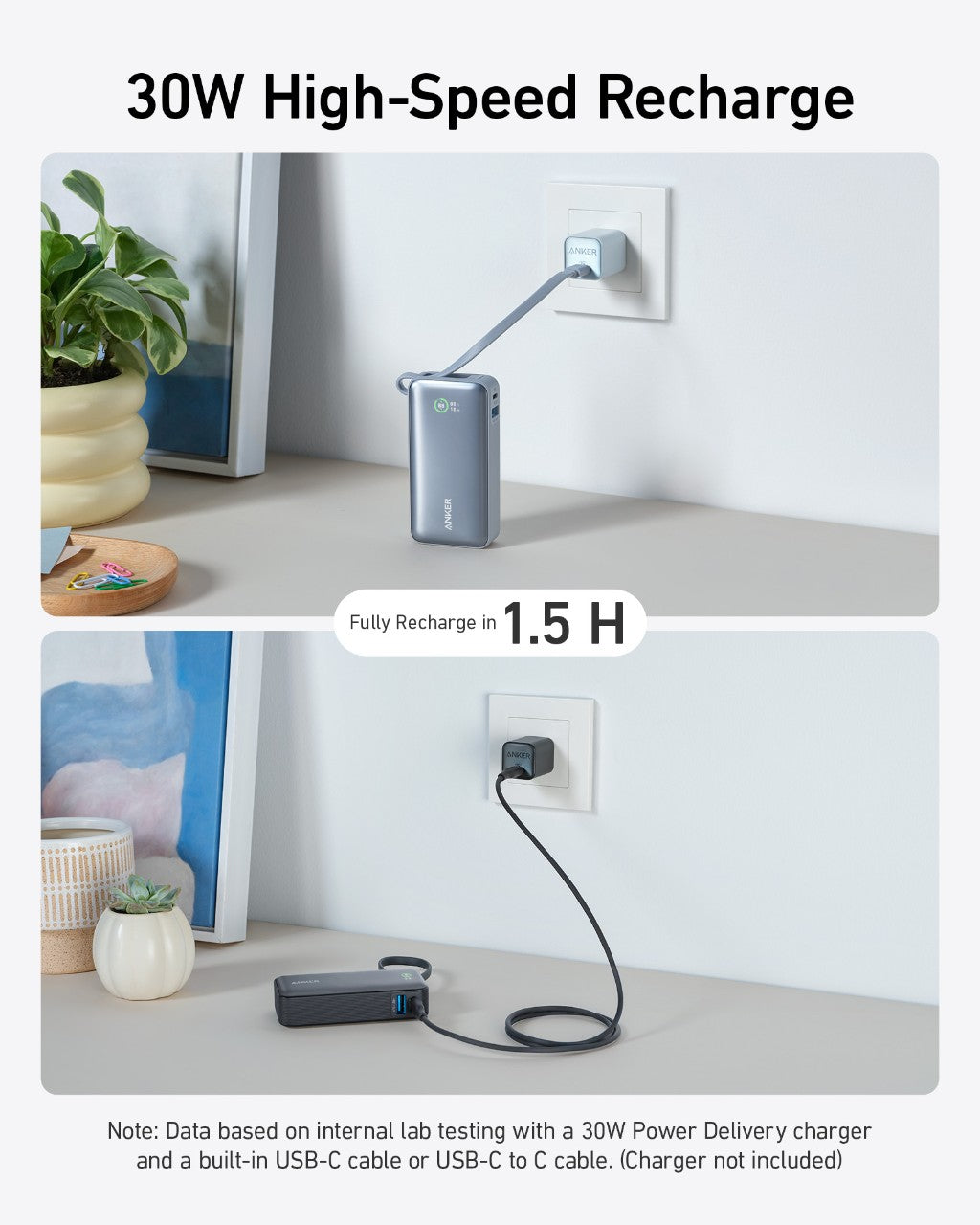 Anker Nano Power Bank, 10,000mAh with Built-In USB-C Cable, 30W Fast Charging