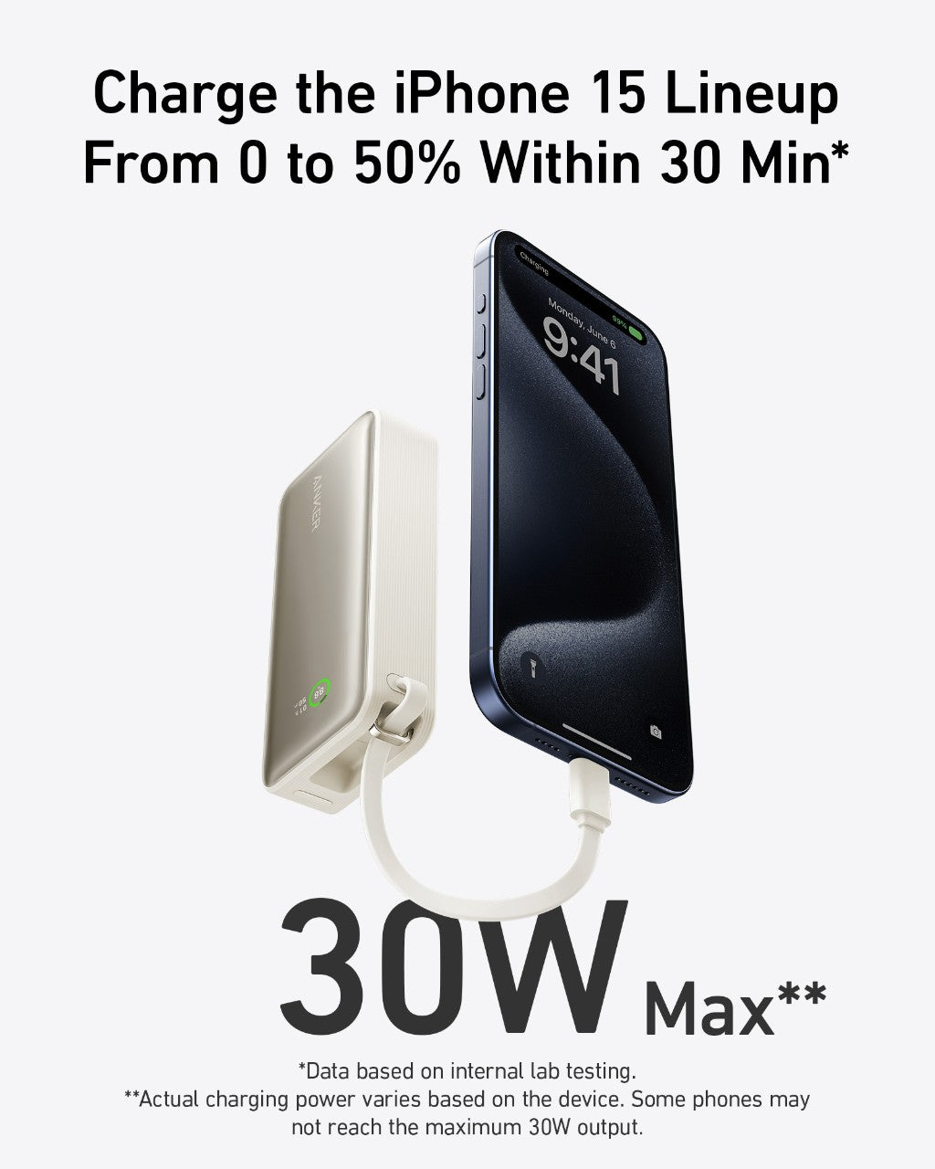 Anker Nano Power Bank, 10,000mAh with Built-In USB-C Cable, 30W Fast Charging