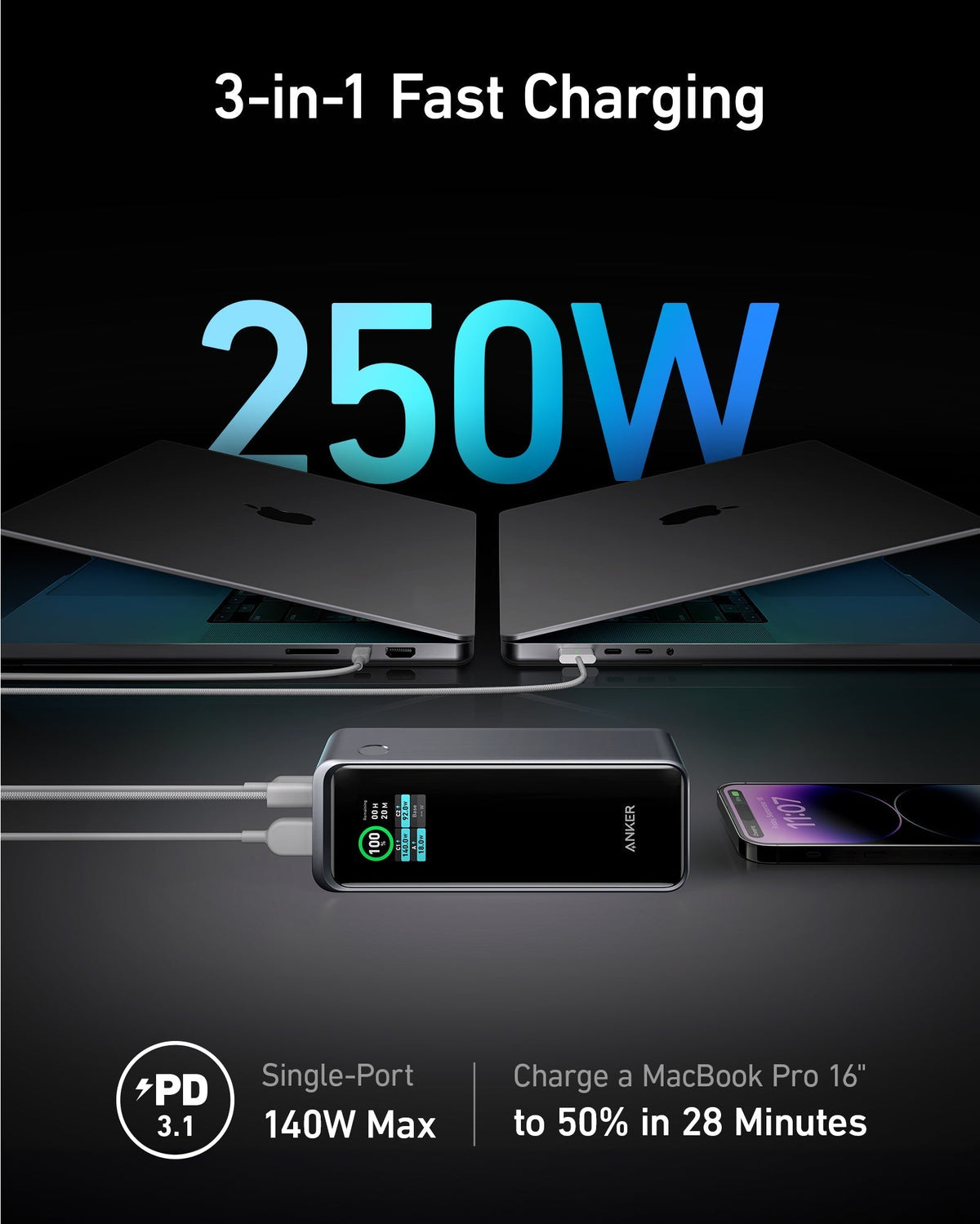 Anker Prime 27,650mAh Power Bank, 250W Multi-Device Fast Charger