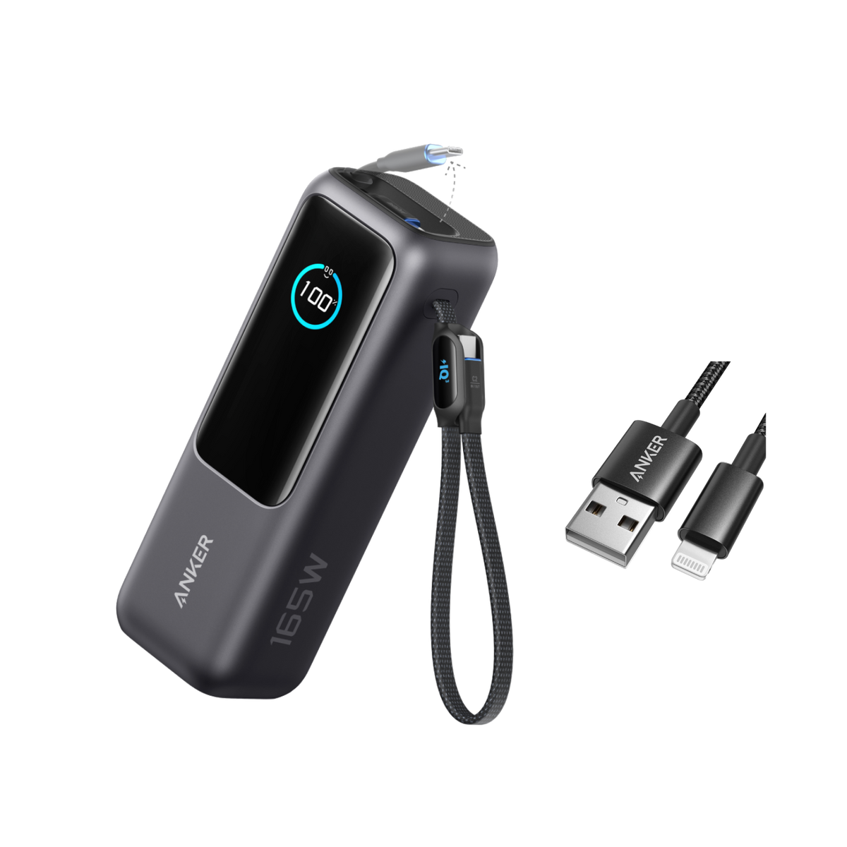 Anker Laptop Power Bank (25K, 165W, Built-In and Retractable Cables) and USB-A to Lightning Cable (Nylon)
