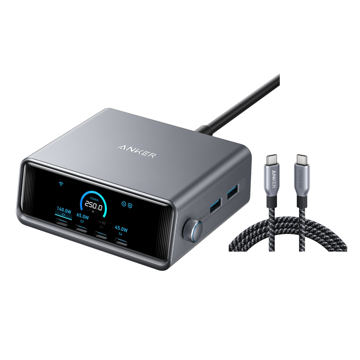 Anker Prime Charger (250W, 6 Ports, GaNPrime) and USB-C to USB-C Cable (240W, Upcycled-Braided)