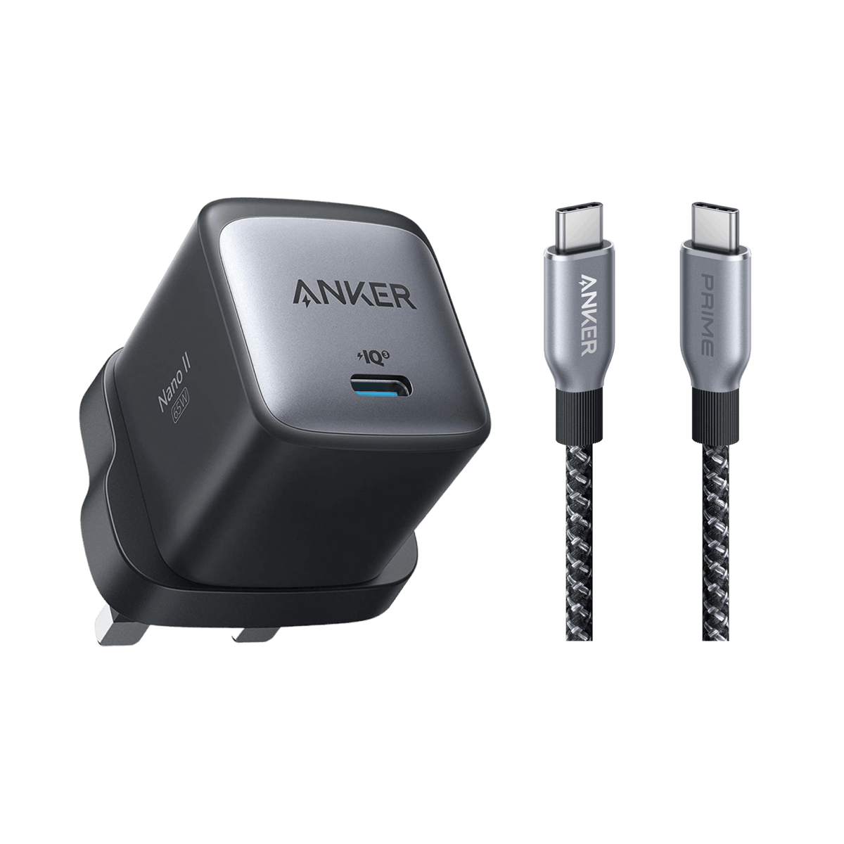 Anker <b>715</b> Charger (Nano II 65W) with 3 ft USB-C to USB-C Cable (240W, Upcycled-Braided)