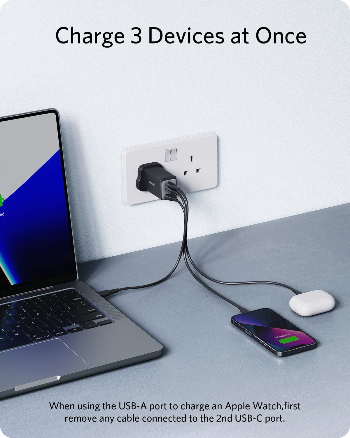 Anker 735 Charger (Nano II 65W), 3-Port Fast Charger Plug and 2-in-1 USB C to USB C Cable 140W