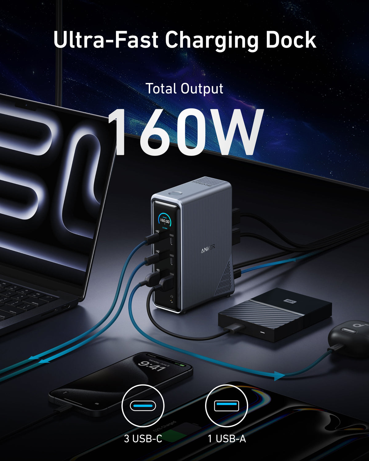 Anker Prime Charging Docking Station (14-in-1, Dual Display, 160W) + Thunderbolt 4 Cable USB C to USB C (3.3 ft, 40Gbps, 240W)