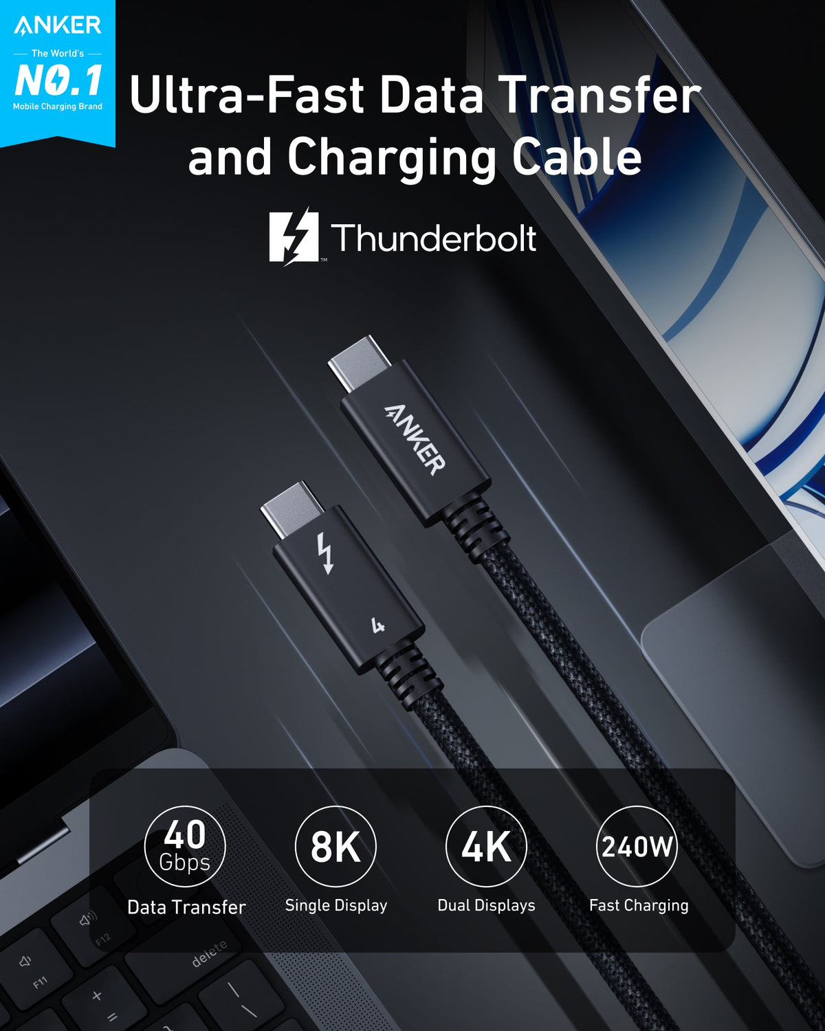 Anker Prime Thunderbolt 4 Cable USB C to USB C (3.3 ft, 40Gbps, 240W)