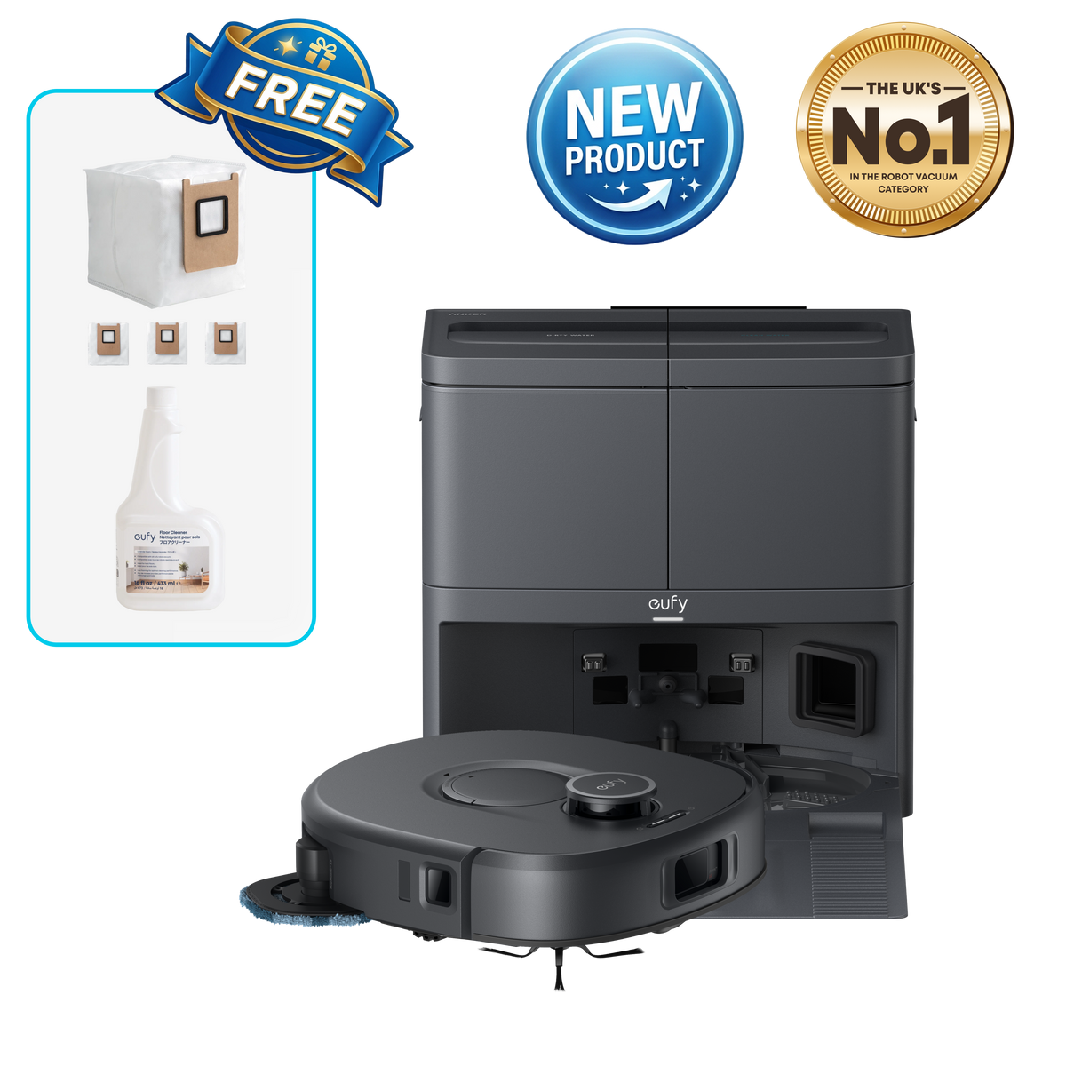 eufy C30 Edge Robot Vacuum and Mop Combo with 3 Dust Bags and 1 Floor Cleaning Solution
