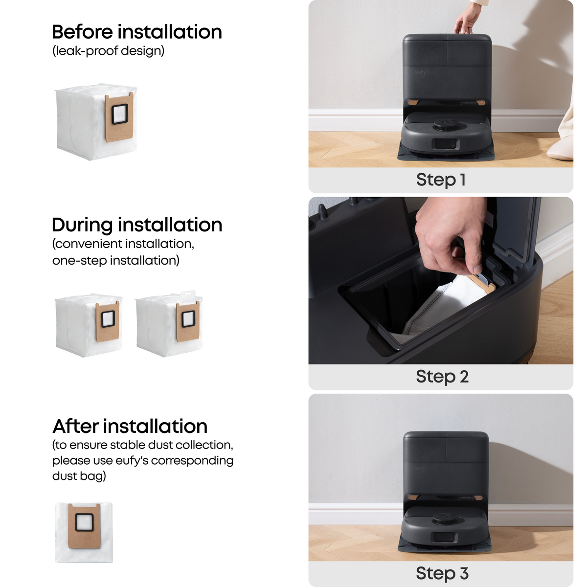 eufy Dust Bag, 3 pieces, 3L, Leak-Proof, Effective Filtration, Safe, Compatible with C28/E25/E28/E20/X12 pro