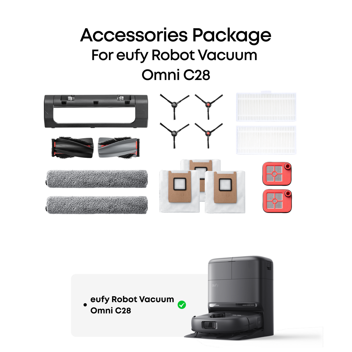 eufy Replacement Kit for C28/X12 pro, Side Brush ×2, Dirty Water Tank Filter ×2, Roller Brush and Brush Guard ×1, Dust Bag ×3, Roller Mop ×2, Replacement Filter ×2