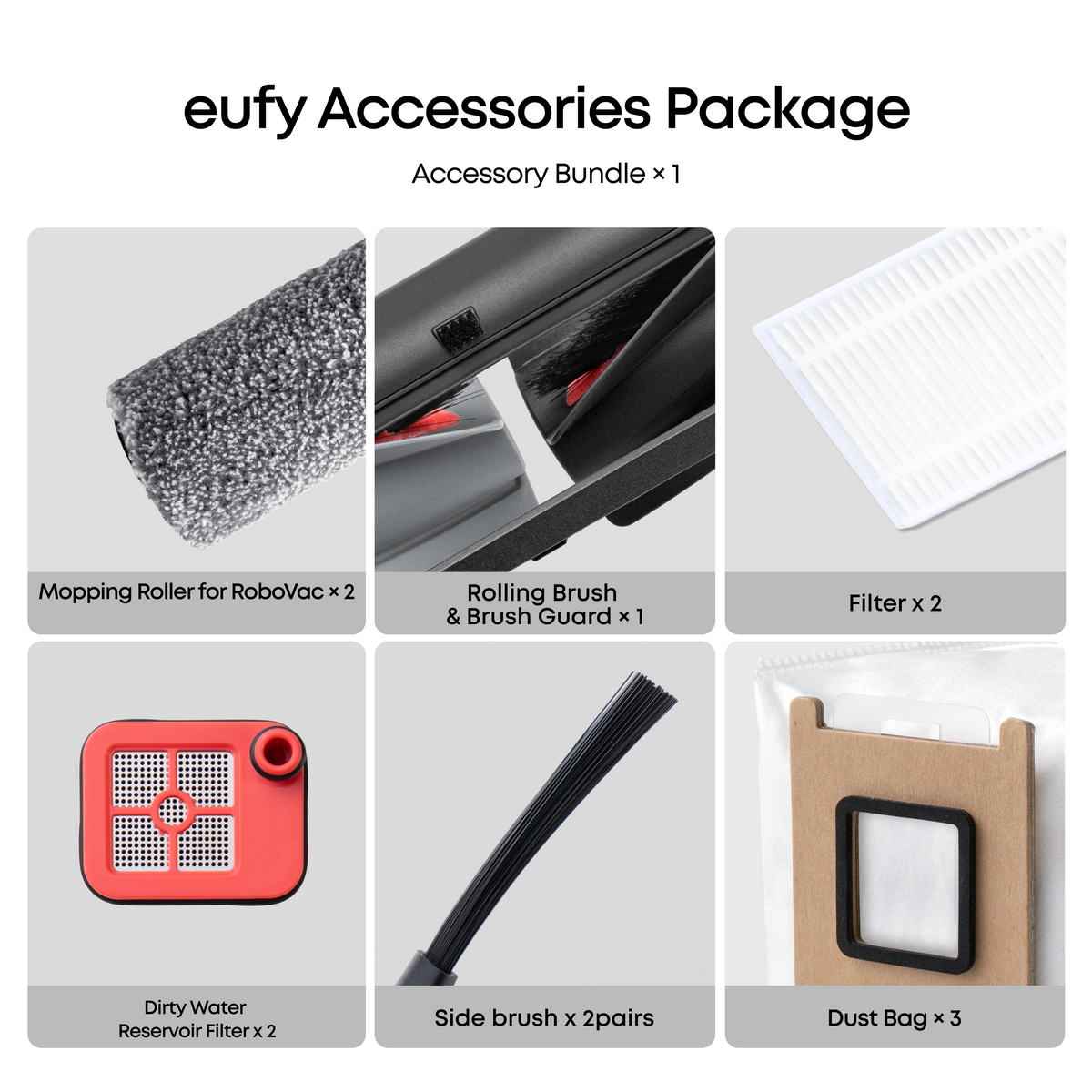 eufy Replacement Kit for C28/X12 pro, Side Brush ×2, Dirty Water Tank Filter ×2, Roller Brush and Brush Guard ×1, Dust Bag ×3, Roller Mop ×2, Replacement Filter ×2