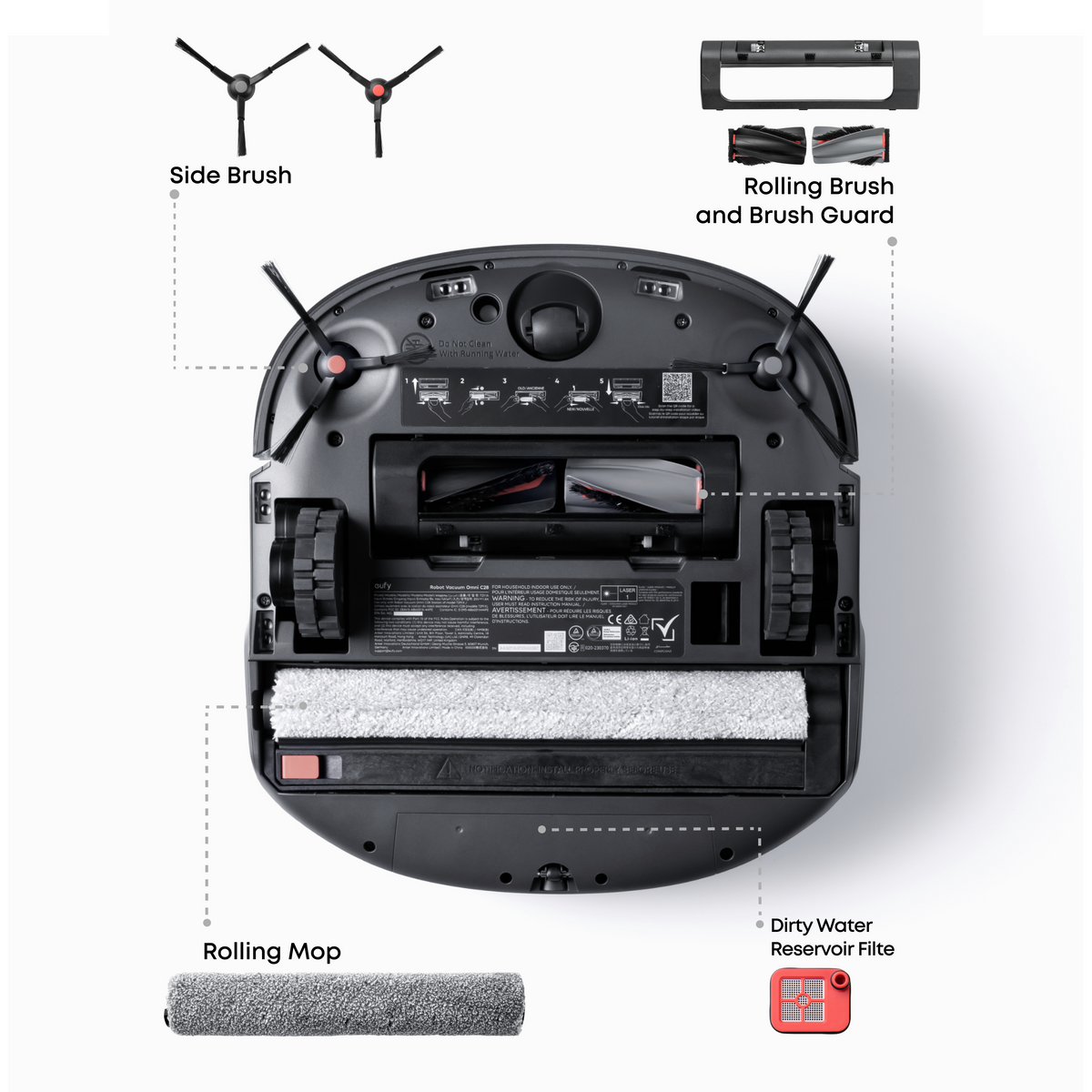 eufy Replacement Kit for C28/X12 pro, Side Brush ×2, Dirty Water Tank Filter ×2, Roller Brush and Brush Guard ×1, Dust Bag ×3, Roller Mop ×2, Replacement Filter ×2
