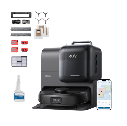 eufy Robot Vacuum Omni E28 with Complete Accessory Kit and cleaning solution