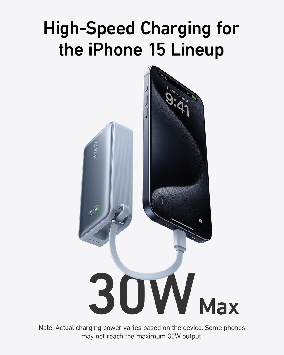 Anker Nano Power Bank, 10,000mAh with Built-In USB-C Cable, 30W Fast Charging
