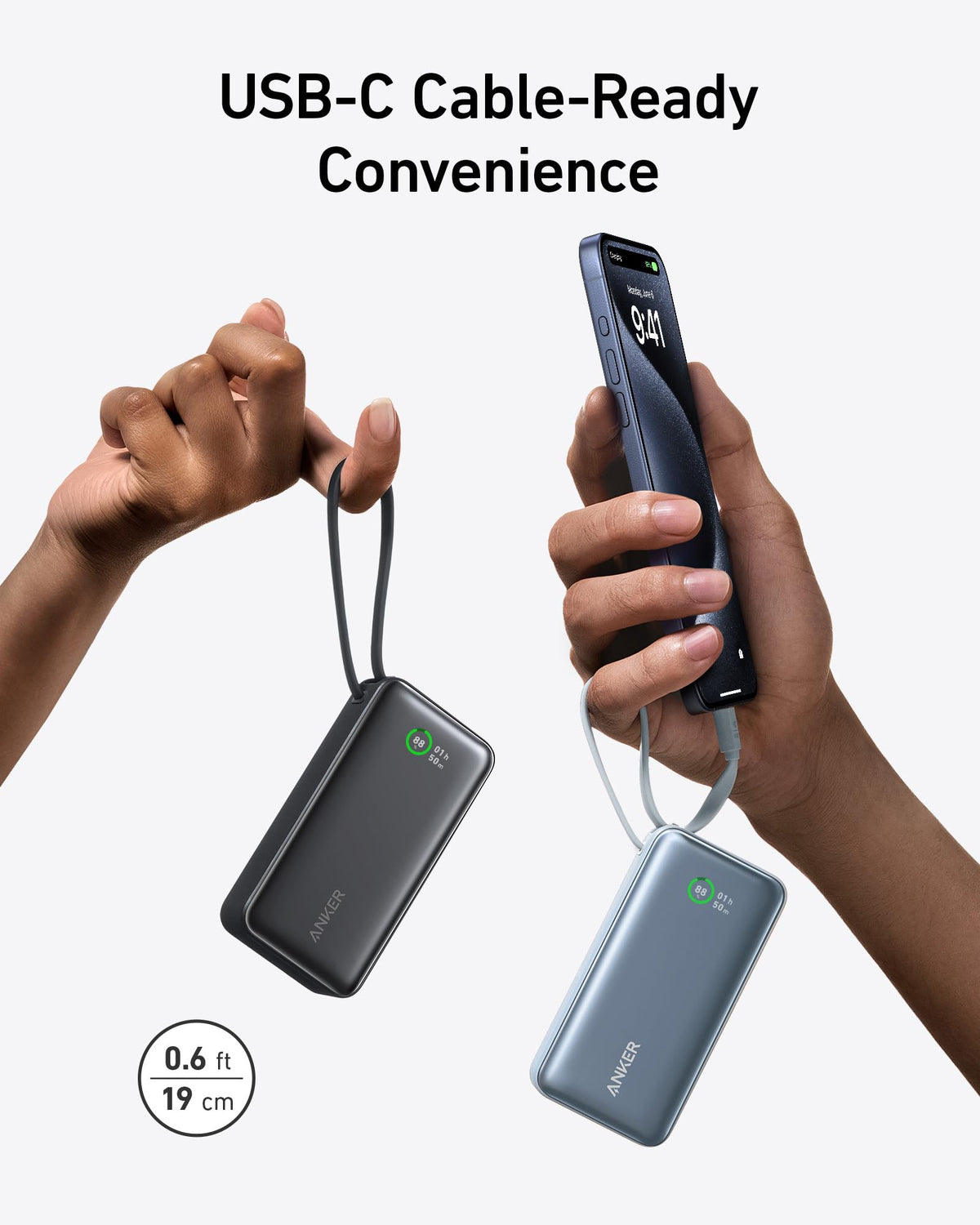 Anker Nano Power Bank, 10,000mAh with Built-In USB-C Cable, 30W Fast Charging
