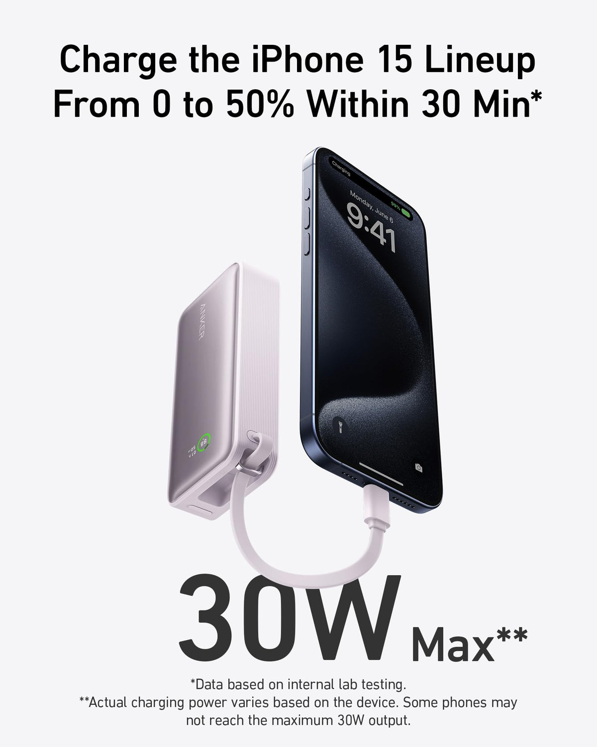 Anker Nano Power Bank, 10,000mAh with Built-In USB-C Cable, 30W Fast Charging