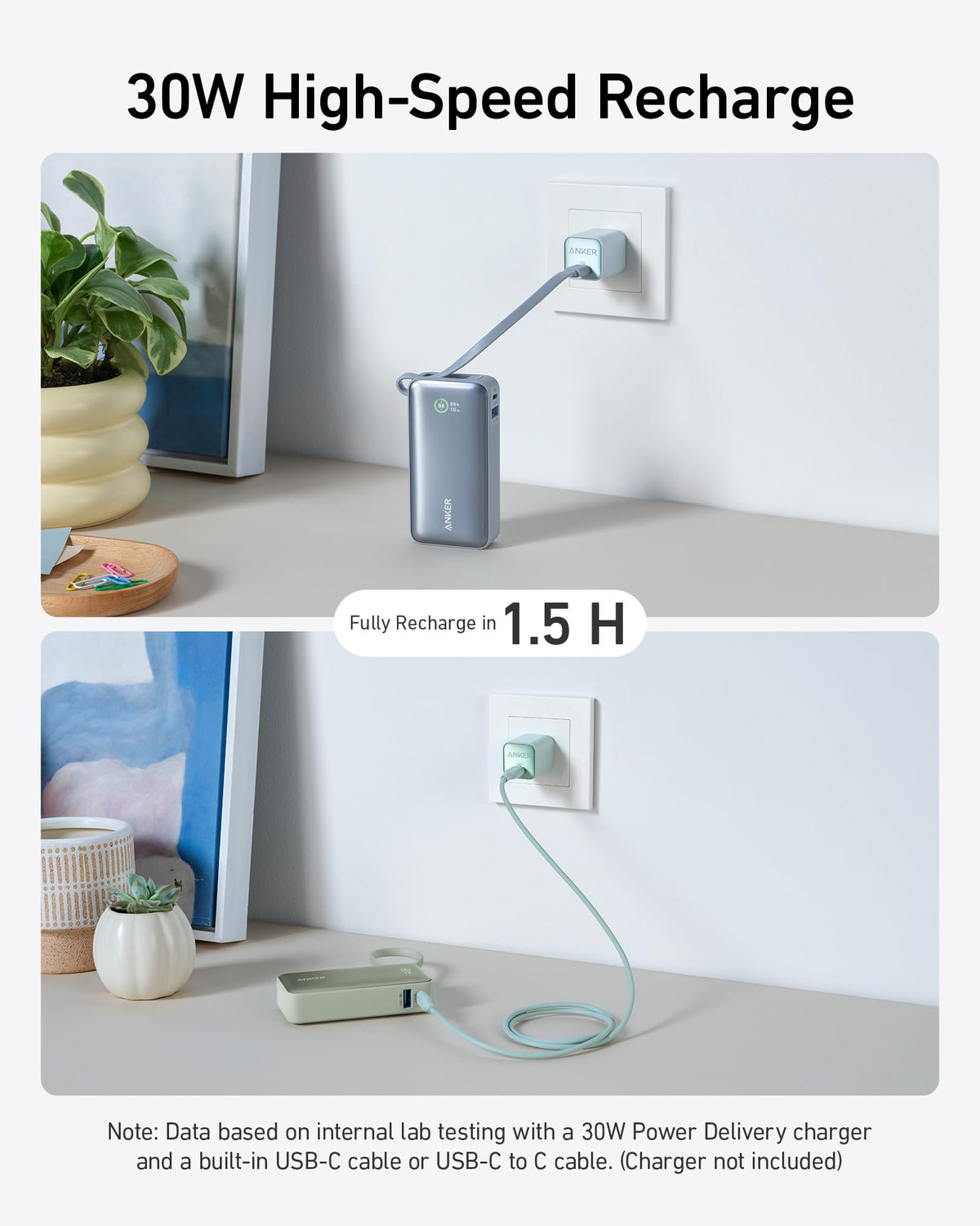 Anker Nano Power Bank, 10,000mAh with Built-In USB-C Cable, 30W Fast Charging