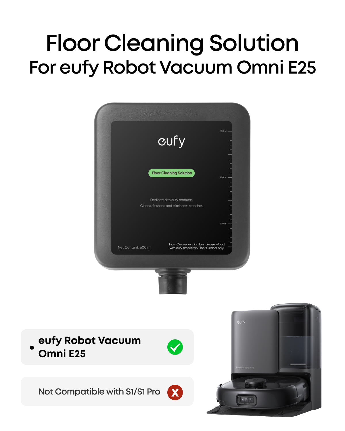 eufy Floor Cleaning Solution, Ready to Use, 600 ml, Floor Cleaning Solution, Safe, Compatible with E25