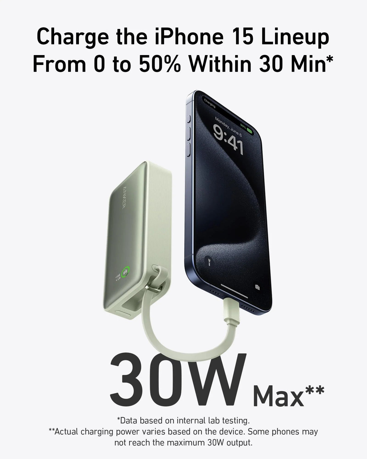 Anker Nano Power Bank, 10,000mAh with Built-In USB-C Cable, 30W Fast Charging