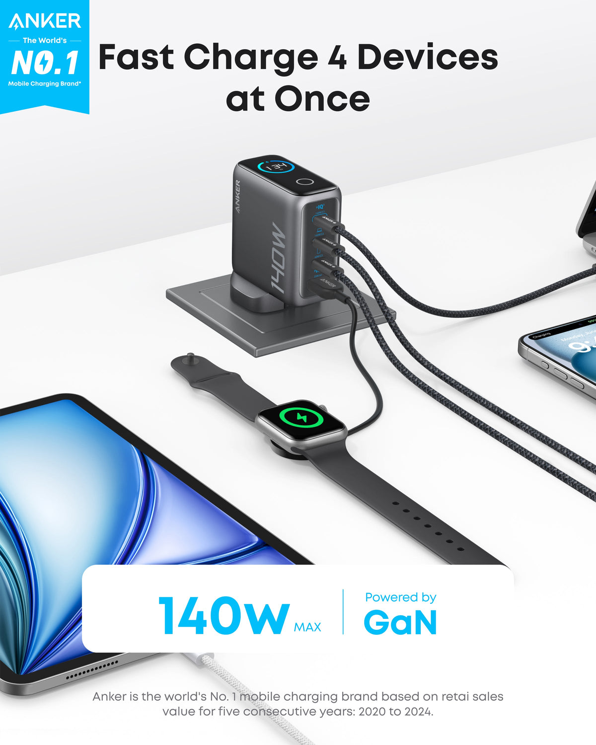 Anker Laptop Power Bank (25K, 165W, Built-In and Retractable Cables) and Charger (140W, 4-Port, PD 3.1) with USB-C Cable