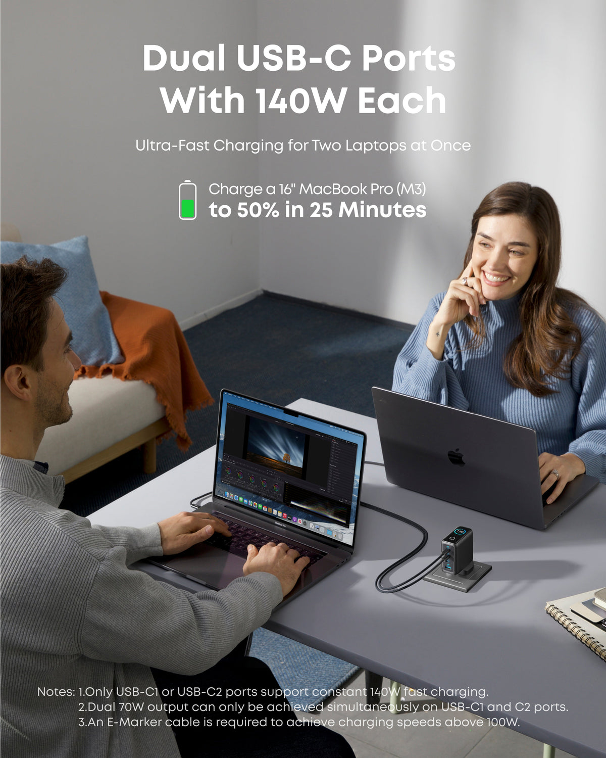 Anker Laptop Power Bank (25K, 165W, Built-In and Retractable Cables) and Charger (140W, 4-Port, PD 3.1) with USB-C Cable
