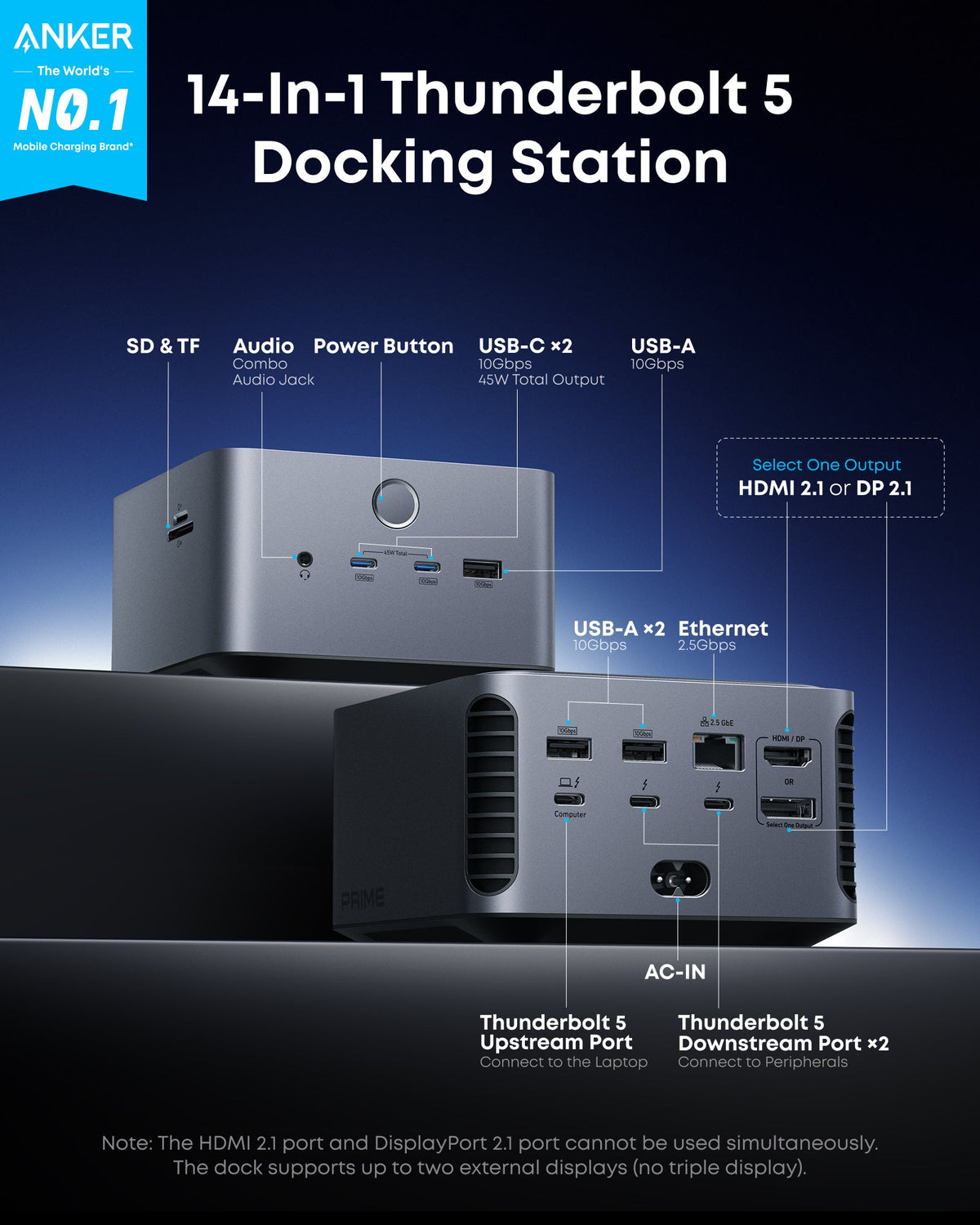 Anker Prime Docking Station (14-in-1, 8K, Thunderbolt 5) + Thunderbolt 4 Cable USB C to USB C (3.3 ft, 40Gbps, 240W)