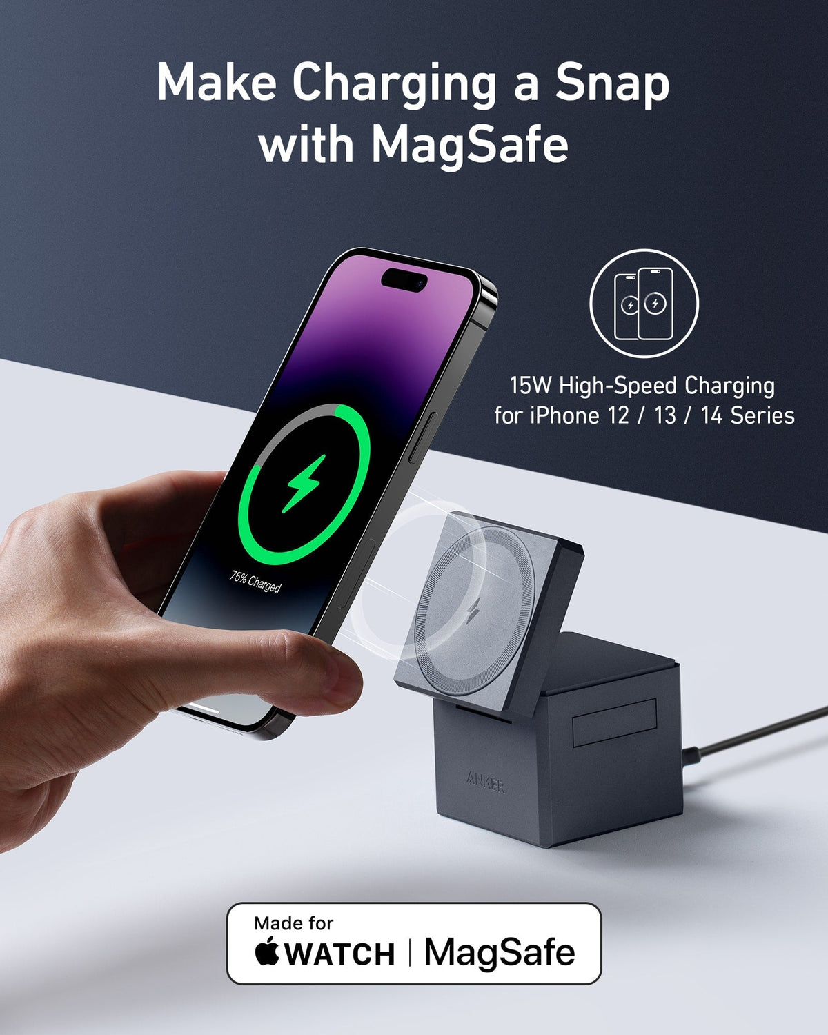 Anker 3-in-1 Cube with MagSafe, 15W Fast Charging, Foldable Wireless Charging Station